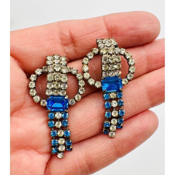 Vintage Art Deco Blue And Clear Prong Set Rhinestone Post Earrings - Picture 1 of 5